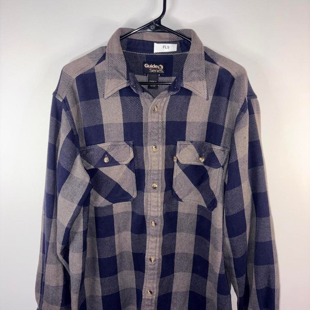Guide Series Mens Blue Gray Plaid Cotton Flannel Shirt Large L Long Sleeve